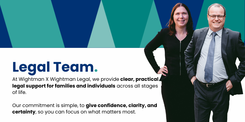 Pictured, Karlen and Adam Wightman standing next to each other with the words "Legal Team" and an insight into what Wightman X Wightman services are offered.