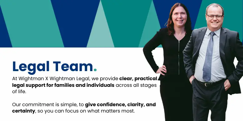 Pictured, Karlen and Adam Wightman standing next to each other with the words "Legal Team" and an insight into what Wightman X Wightman services are offered.