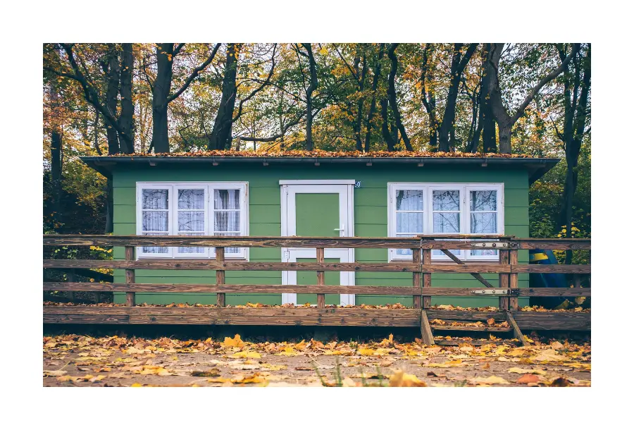Pictured, an Autumn tone afternoon where there are lots of orange and brown leaves covering the foreground. In the background is an old green house, with a timber fence.